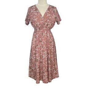 Suvimuga Floral Midi Dress Womens Large Pink Vneck Short Sleeves